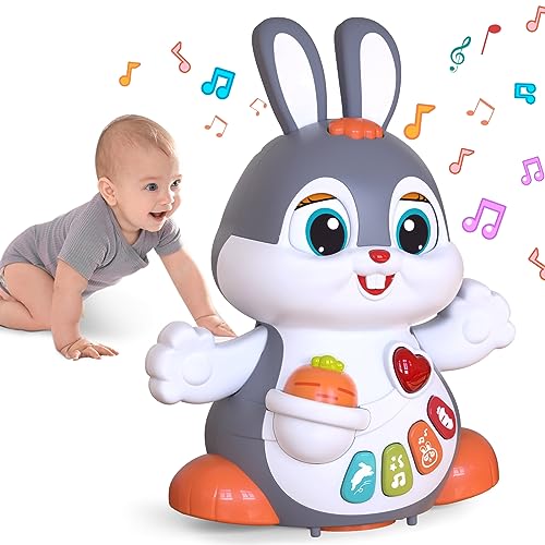 MOONTOY Brinquedos interativos crianças 1 ano, brinquedos musicais de coelho para gatear brinquedos bebés 6-12 meses, brinquedos interativos com música e luz, brinquedos educativos presente brinquedos