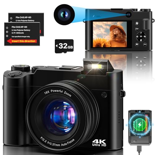 Câmara digital 4K, 64 MP câmara dupla anti-vibração Vlogging câmara fotográfica com cartão de memória de 32 GB, Zoom digital 16X, 2 baterias e carregador e câmara compacta para iniciantes