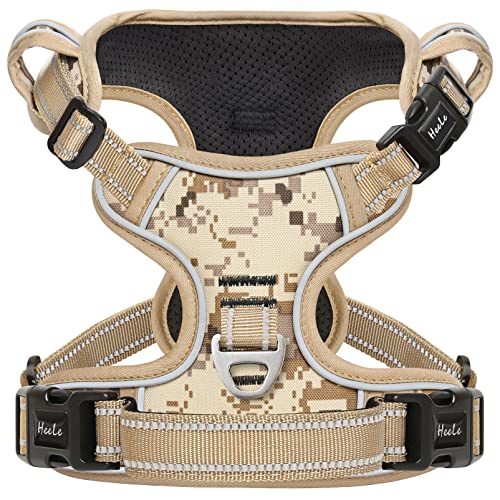 HEELE Arnês cão, arnês antipuxões refletor para cães grande camuflagem ajustável arnês antipuxões com alça acolchoada arnês cão de libertação no pescoço, amo castanho, L