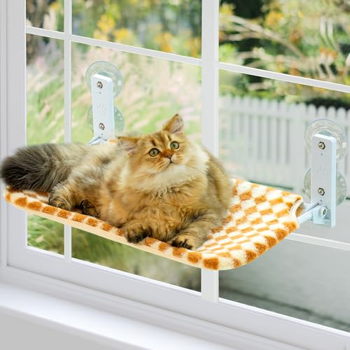 MEWOOFUN Rede dobrável gato janela, cama de gatos com ventosa forte tapete reversível, cama para gatos suportar até 18 kg (castanho, M)