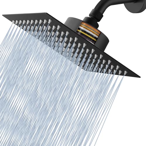 Cabeça de duche de chuva Voolan com cabeças de chuveiro de chuva grandes, filtradas e de alta fluxo, fabricadas em aço inoxidável, filtro de cabeça de duche em cascata, 20 cm preto