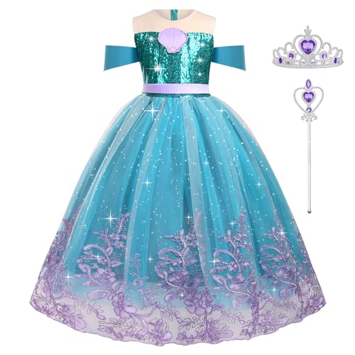 AOOWU Traje de sereia para menina com peruca, coroa e varinha mágica - princesa sereia para Cosplay, Halloween, carnaval, festa e aniversário