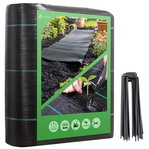 VOUNOT Malha anti-ervas com 30 cavilhas de jardim, tecido geotêxtil para controlo de ervas daninhas, 2 m x 10 m, 100 g/m2, resistente ao rasgo e estabilizada contra UV