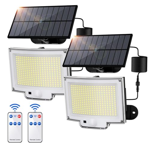 SIGRILL 318 LED Focos solares exteriores com sensor de movimento, 2200 mAh luz solar exterior com 3 modos, IP65 luz solar exterior jardim candeeiro solar (2 embalagem - 318 LED branco frio)