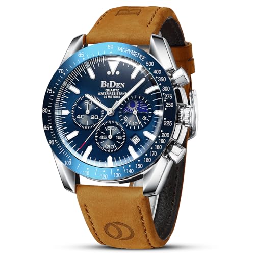 HANPOSH Relógio homem quartzo analógico cronógrafo relógios homem moda luxo negócios de couro genuíno data luminosa à prova de água fase lunar presente pai