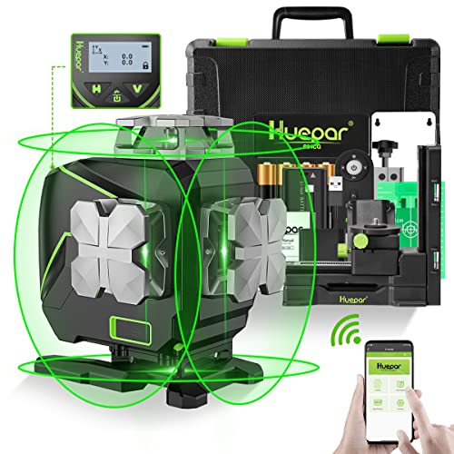 Huepar Nível laser 4 em 1, 4 x 360 °, auto-nivelamento de 16 linhas laser de linhas cruzadas de feixe verde 4D com ecrã LCD Bluetooth, controlo remoto e estojo rígido - S04CG