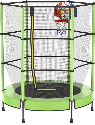 PILIN Trampolim para crianças, tapete de jardim conjunto de placas de basquetebol Ø 145 cm, conjunto completo com tapete de salto, rede de segurança, molas galvanizadas e bordas de cobertura