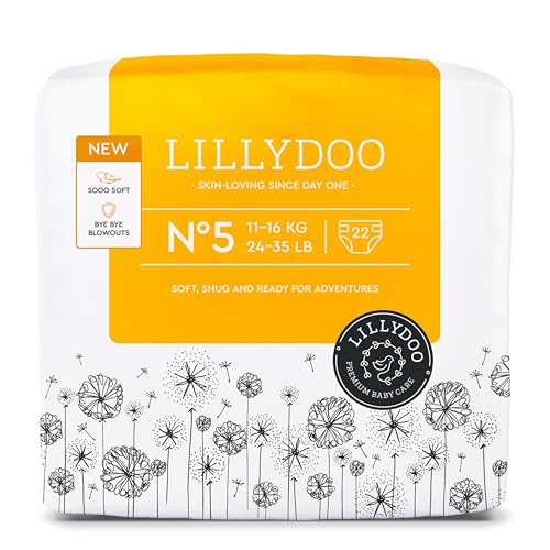 Fraldas LILLYDOO delicadas com a pele - tamanho 5 (11-16 kg), 22 unidades, proteção contra fugas, macias, sem perfumes ou loções e dermatologicamente testados