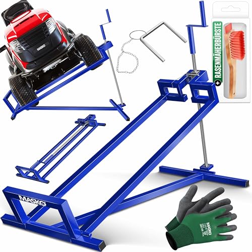 MASKO® Elevador para trator de relvado XXL 400 kg plataforma elevadora elevador corta-relvas de assento ajuda para limpeza universal + 45° de inclinação ajustável inclui luvas de trabalho azul