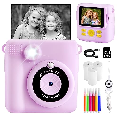 CHRERNA Câmara fotos infantis instantâneas, 2,4" HD câmara fotos infantis mit digital Zoom, 1080P câmara instantânea com cartão de 32 GB e papel de impressão, presente para meninos e meninas 3 a 12