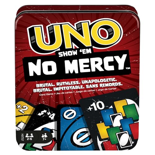 Mattel Games UNO No Mercy, Jogo de cartas com cartas adicionais, regras especiais e penalidades mais implacáveis, jogo de tabuleiro familiar, brinquedo presente para meninos e meninas +7 anos, HXT57
