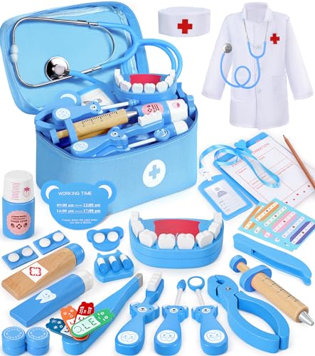 Brinquedos para dramatização, conjunto de médicos para crianças, conjunto médico dentista de madeira, brinquedos de vestir