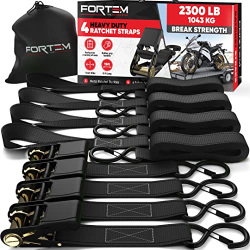 FORTEM Conjunto de correias de fixação com sensor de catraca, 1043 kg ao rompimento, 4 ganchos de aço elástico, 4 correias de 4,5 m, 4 fivelas (preto)