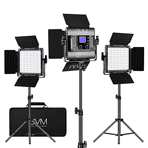 GVM - 3 pacotes candeeiro de vídeo LED com tripé, 800D 40W RGB, CRI97 3200K-5600K, luz de vídeo contínua com controlo por aplicação, luz fotográfica para estúdio, Youtube, iluminação de vídeo RGB