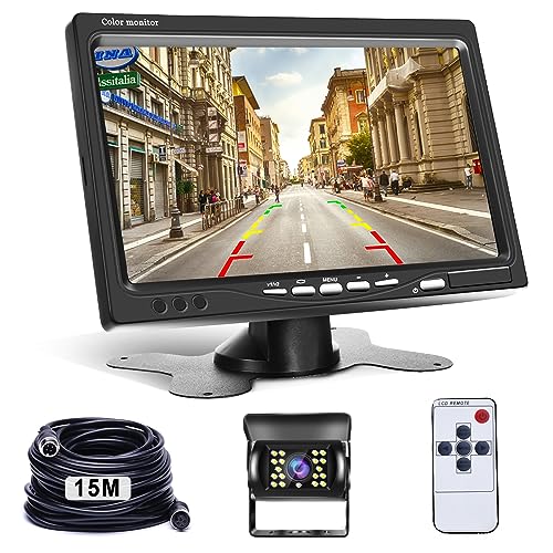 Câmara traseira e 7 polegadas LCD monitor kit câmara visão traseira, Hodozzy IR visão noturna impermeável câmara de marcha 12 V - 24 V com 4 pinos 15 metros cabo para carro camião reboque caravana