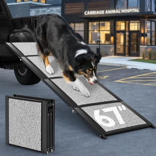 170 x 50 cm Rampa para cães dobrável, cama para animais de estimação de metal com tapete antiderrapante para cães menos de 113 kg, escada para cães médios grande para carro sofá, preto cinzento