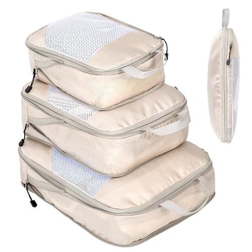 Organizador mala compressão cubos de embalagem organizador malas de viagem expansíveis organizador de bagagem impermeável organizadores de viagem cubos de embalagem, bege 3 peças