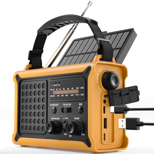 ROCAM Rádio de emergência 12000 mAh com painel solar de 8500 mm² e manivela de 650 mA, rádio portátil AM/FM com lanterna LED, luz de leitura, USB e alarme SOS - ideal para campismo, sobrevivência e