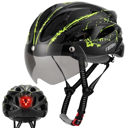 Favoto Capacete de ciclismo para adultos com óculos, luz traseira, forro removível, tecnologia de moldagem EPS, respirável e leve, ajustável de 57 a 61 cm