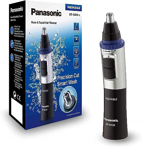 Panasonic ER-GN30-K503 - Nariceiro/aparador de pelos facial (Nariz, orelha, sobrancelhas e bigode, aço inoxidável, função com pilhas, sistema de limpeza inteligente) para homem, azul/preto/prata,