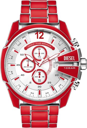 Diesel Relógio para homem mega chief, movimento cronógrafo de quartzo, caixa de aço inoxidável prateada de 59 mm com correia de aço inoxidável, DZ4308