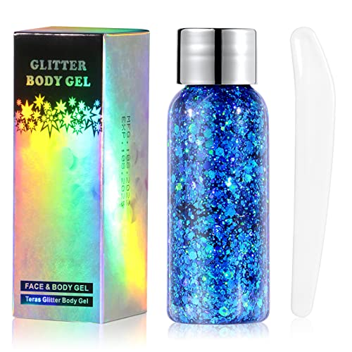 URAQT Purpurina rosto, purpurinas líquidas para maquilhagem festival, gel Chunky Glitter corporal para purpurinas de maquilhagem, brilhantes para o rosto, cabelo e corpo para o Halloween (azul)