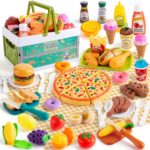 SEMKOTREE Acessórios cozinha brinquedos, cozinha exterior crianças utensílios cozinha brincar, conjunto de papel cozinha infantil com comida brinquedo talheres cesta piquenique crianças, cozinha