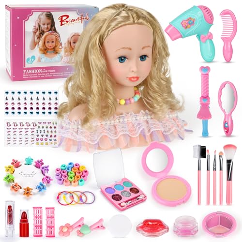 BuzzoXerex Cabeça boneca para pentear e maquilhar, 58 peças busto boneca pentear e maquilhar, cabeça de cabeleireiro para crianças, aniversários para crianças a partir de 3 anos (rosa)