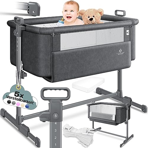 KESSER® Cama extra Hubi 3 em 1, colecho para bebé com colchão branco, berço - com rodas, ajuste de altura em 5 posições, painel lateral dobrável, para casa e de viagem, cinzento escuro