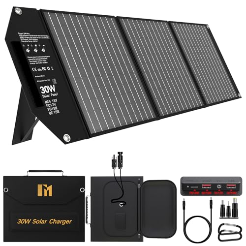 Mesuvida Placa solar portátil de 30 W com 5 portas, 18 V MC4 maior saída/12 V DC/QC 3.0 USB-A e USB-C (PD 18 W) carregador solar, painel solar dobrável com suportes, placas solares Camper