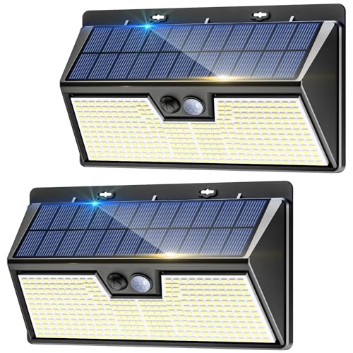 nipify Luz solar exterior e jardim, 318 LED, holofotes LED exteriores solares com sensor de movimento, 3 modos de foco solar exteriores, luzes solares impermeáveis para jardim, garagem, caminhos, 2