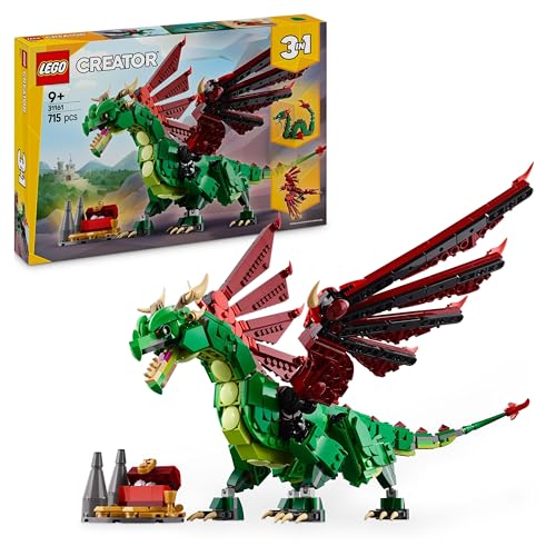 LEGO Creator 3 em 1 dragão medieval transformável em ave femnix ou cobra marinha, animais de brinquedo, figuras articuladas, presente de aniversário para meninos e meninas de 9 anos ou mais, 31161