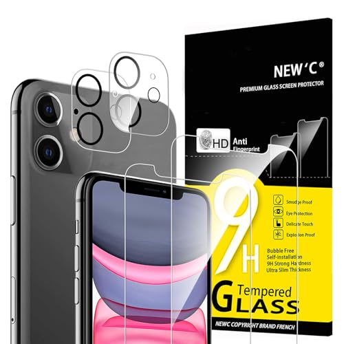 NEW'C 4 pacotes, 2 x protetor de ecrã para iPhone 11 e 2 x protetor de lente de câmara - vidro temperado - anti-riscos, ultra resistente - vidro dureza 9H