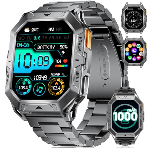 Relógio inteligente para homem, 256 memória com 1000 mAh bateria/bússola/altura/barómetro, 2,13" AMOLED Smartwatch chamadas Bluetooth, 10ATM impermeável, 100+ desportivos, acompanhamento da saúde