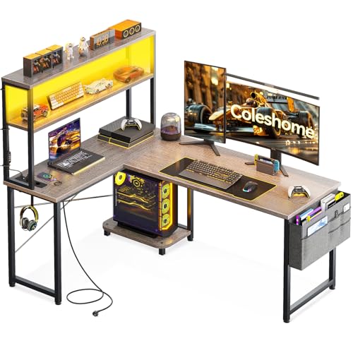 Coleshome Secretária Gaming em L com LED e tomadas, 135 × 100 cm, secretária de canto reversível com prateleiras, mesa de jogos com saco de armazenamento e gancho para jogadores, carvalho cinzento