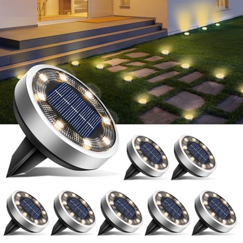 btfarm 8 Pacotes de luzes solares LED para exteriores, jardim, chão, 8 LED luz solar exterior e jardim, IP65 candeeiros solares impermeáveis chão caminho, relva, pátio, terraço (branco quente)