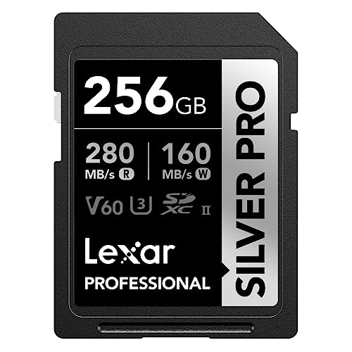 Lexar SILVER PRO Cartão SD de 256 GB, cartão de memória SD UHS-II, V60, U3, C10, leitura de até 280 MB/s, escrita de 160 MB/s, cartão SDXC para DSLR/câmara/fotógrafo/videógrafo (LSDSIPR256G-BNAA)