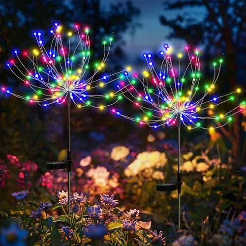 GIGALUMI Luzes solares para jardim ao ar livre, 120 LED, pacote de 2 luzes de fogo de artifício impermeável, luz solar decorativa para varanda, pátio, jardim, caminho, vaso de flores (coloridas)
