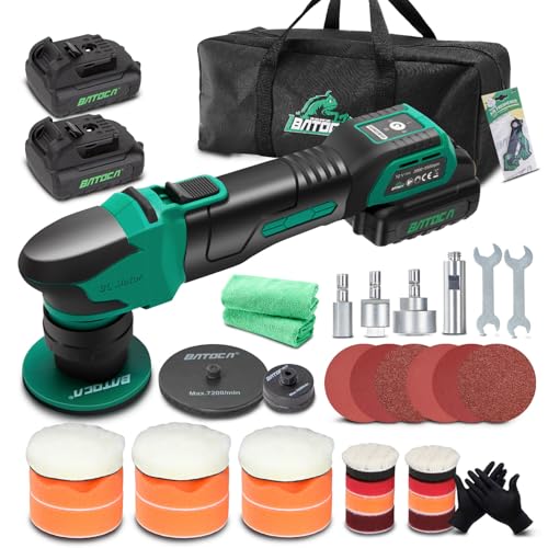 BATOCA Polidor profissional S4, rotativo e orbital, mini polidor sem fio, motor sem escova, 12 V máquina polir para detalhes com 2 baterias 2,5 Ah, 25 mm / 75 mm disco de polimento, 2000-5500 RPM