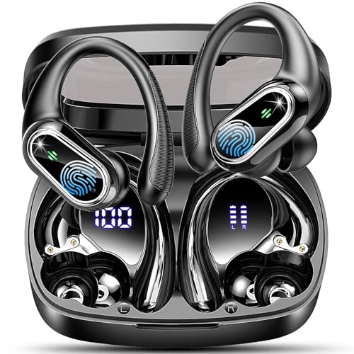 Auriculares sem fios desportivos, auriculares Bluetooth 5.3 com 4 HD Mic e cancelamento de ruído ENC, 50H capacetes sem fios Bluetooth HiFi estéreo, ecrã LED, IP7 impermeável capacetes para corrida