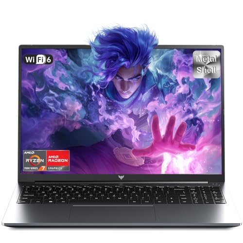 TIVIQUE Computador portátil Gaming, Ryzen 7 7735HS, até 4,8 GHz, ecrã FHD de 16 polegadas, 16 GB de RAM DDR5 a 4800 MHz, SSD de 512 GB, teclado retroiluminado, WiFi-6
