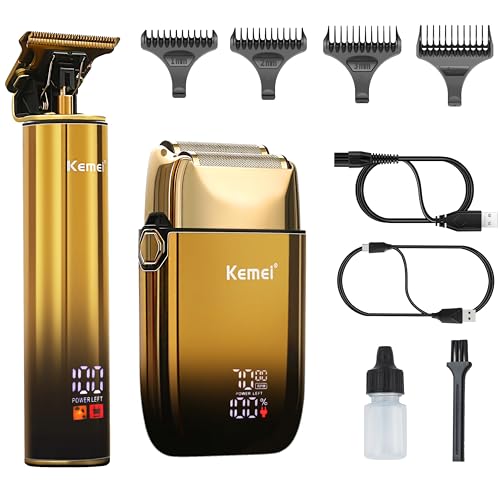 KEMEI Máquina de barbear elétrica para homens com lâminas duplas flexíveis, aparador de barba, máquina de cortar cabelo e cabelo, conjuntos de cuidados recarregáveis, impermeável, dourado, preto
