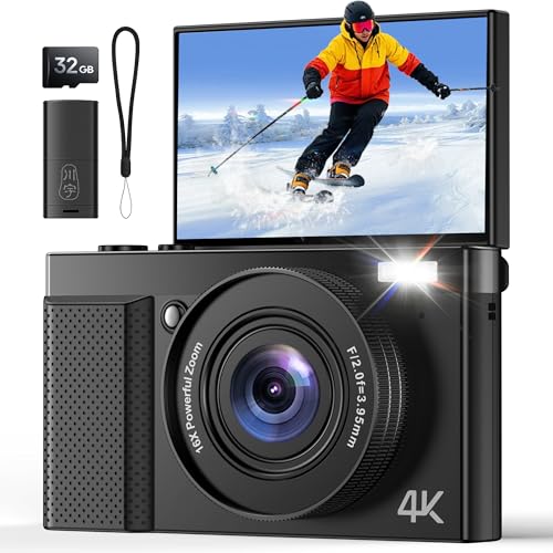 Câmara de fotos digital profissional 4K crianças: Câmara compacta com tela ajustável de 180° com foco automático - 16X Zoom 64MP câmara para iniciantes menina rapaz (preto)