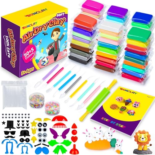 SUNCLAY Argila plástica secagem ao ar - 55 cores com 80 páginas tutorial 9 ferramentas de plástico 5 acessórios, pasta de modelagem para meninos e meninas 3 4 5 6 7 8-12 Anos
