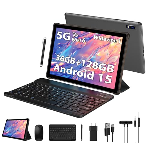 PIXPEAK Tablet de 10 polegadas com Android 15, 36 GB RAM, 128 GB ROM (TF 1TB), 1080P Wievine L1, 5G Wi-Fi 6 Octa-Core 2,0 GHz, 8000 mAh, 5 m + 8 MP, tablet com teclado| rato | F. unda|Auriuricular