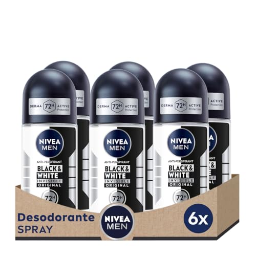 NIVEA MEN Black & White invisível original Roll-on pack de 6 (6 x 50 ml), desodorizante anti-manchas de cuidado masculino