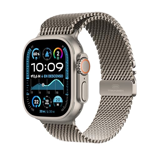 Apple Watch Ultra 2 GPS Cellular Smartwatch, relógio desportivo com caixa de titânio natural resistente 49 mm e pulseira Milanese Loop em titânio natural - Tamanho L. monitor de treino e neutro em