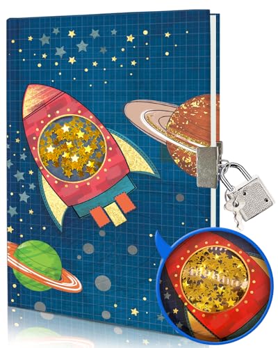 GINMLYDA Diário secreto criança, 18 x 13,5 cm, 80 folhas diárias para meninas com lantejoulas móveis nave espacial Blu diário com cadeado criança caderno de notas livres, menino para presente menino 5