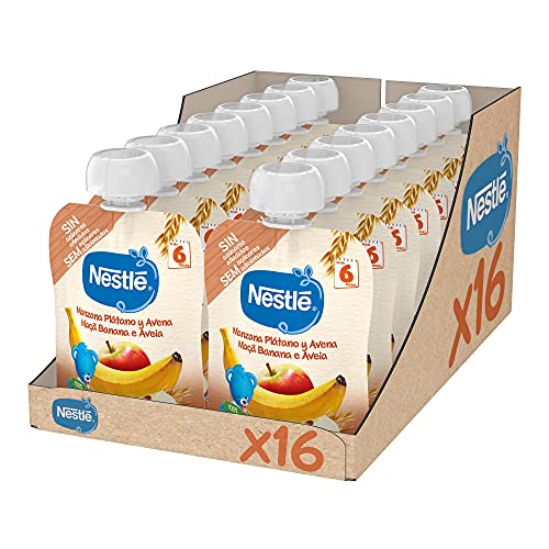 Nestlé Palmilhas saco de puré de frutas e cereais, variedade maçã banana e aveia - para bebés a partir dos 6 meses - embalagem de 16 bolsinhas x 90 g