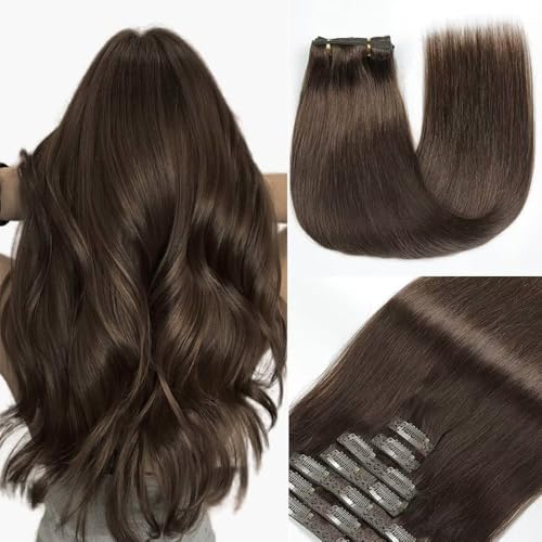 GUDOZO Clipe de cabelo natural Extensões de cabelo 7 unidades 45 cm 120 g castanho chocolate extensões de cabelo natural grampo de cabelo humano natural (18 polegadas, 2#)